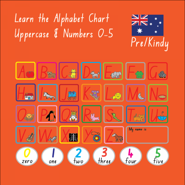 English Pre/Kindy Uppercase Alphabet & Numbers 0-5 Chart